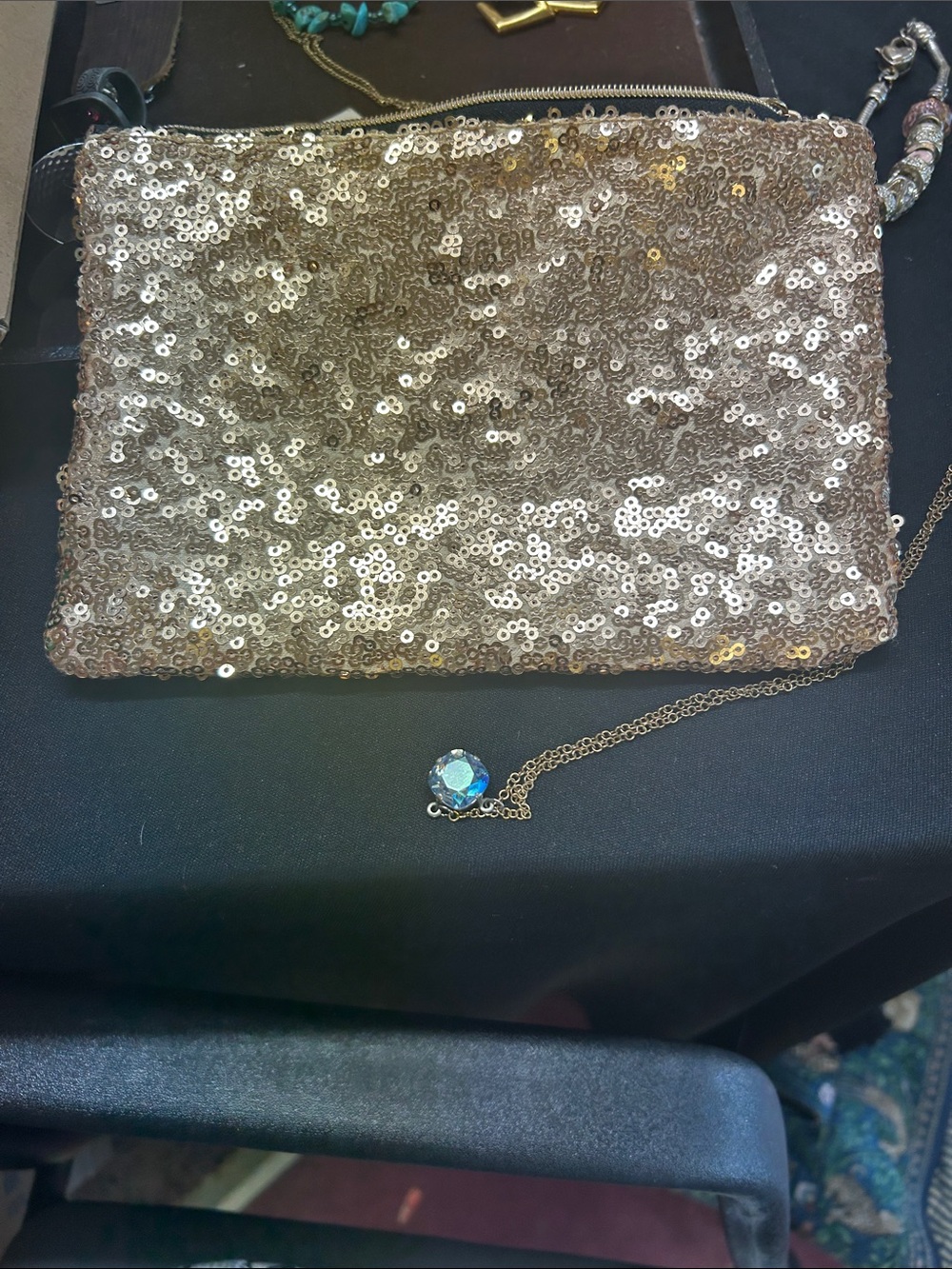 Sequin Evening Clutch Bag in Gold and Chrystal necklace